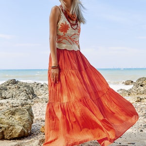 NO.5 Women's Hippie Gypsy Boho Tiered Peasant Long Maxi Skirt in Orange image 9