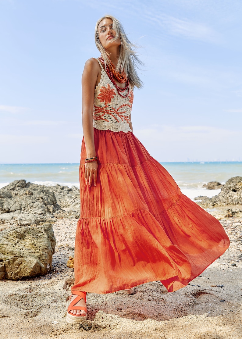 NO.5 Women's Hippie Gypsy Boho Tiered Peasant Long Maxi Skirt in Orange image 9