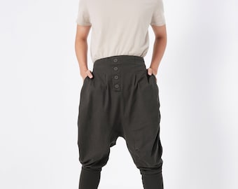NO.64 Men's Button Front Detail Drop Crotch Harem Pants, Low
