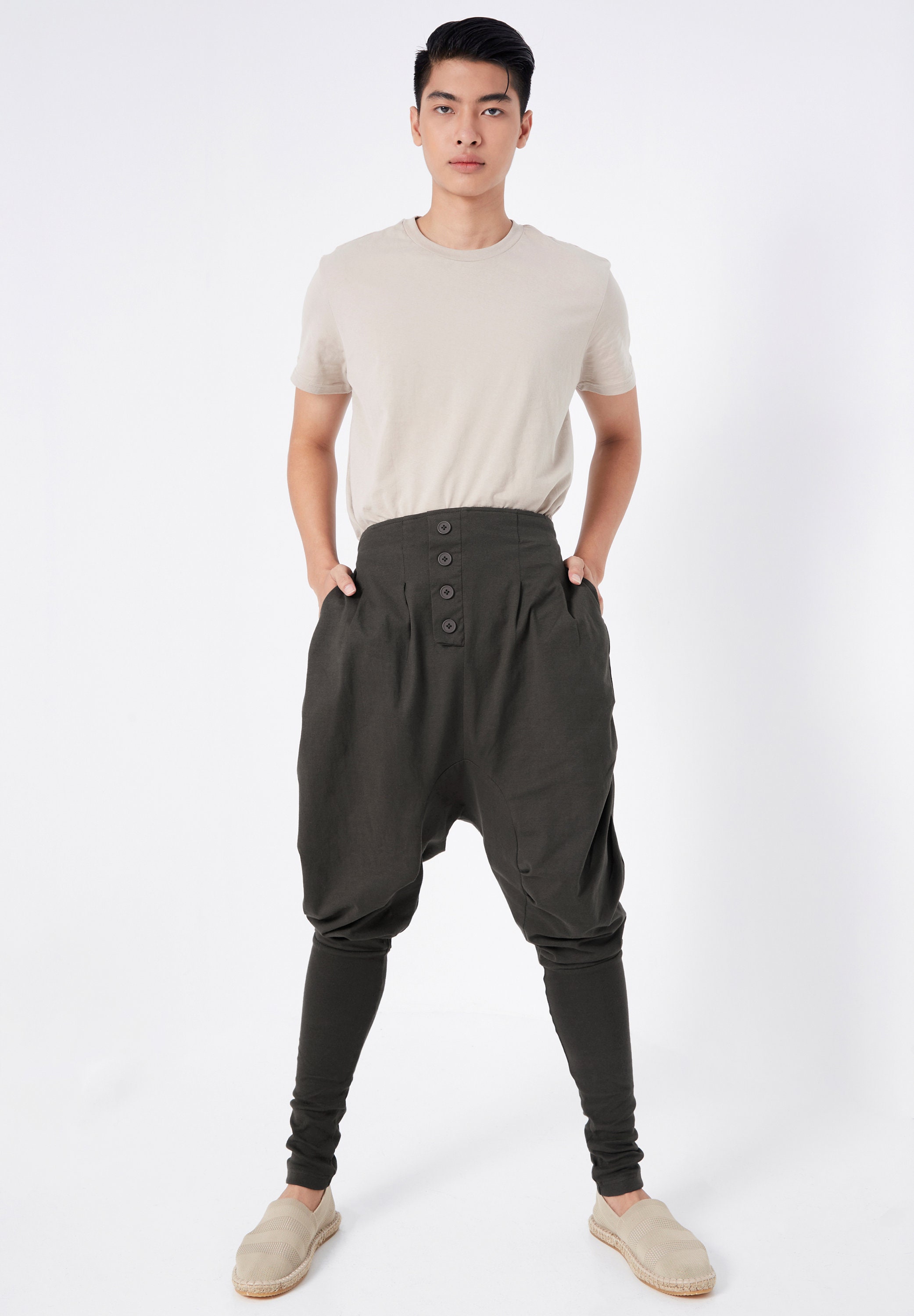 NO.64 Men's Button Front Detail Drop Crotch Harem Pants, Low