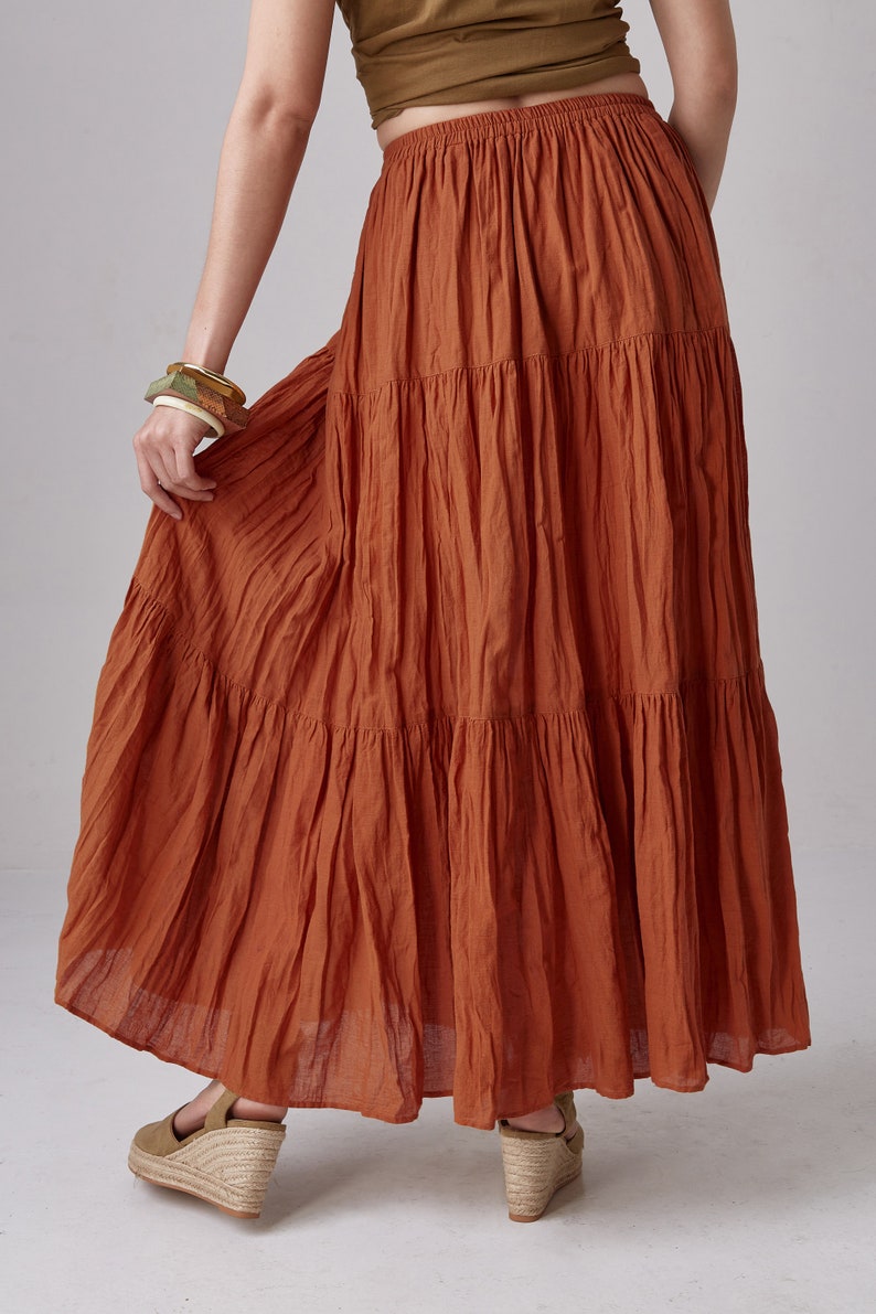 NO.5 Women's Hippie Gypsy Boho Tiered Peasant Long Maxi Skirt in Orange Ochre image 8
