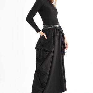 NO.123 Women's Large Patch Pocket Maxi Skirt, Long Maxi Skirt With Pockets, Comfy Casual Convertible Skirt in Black image 7