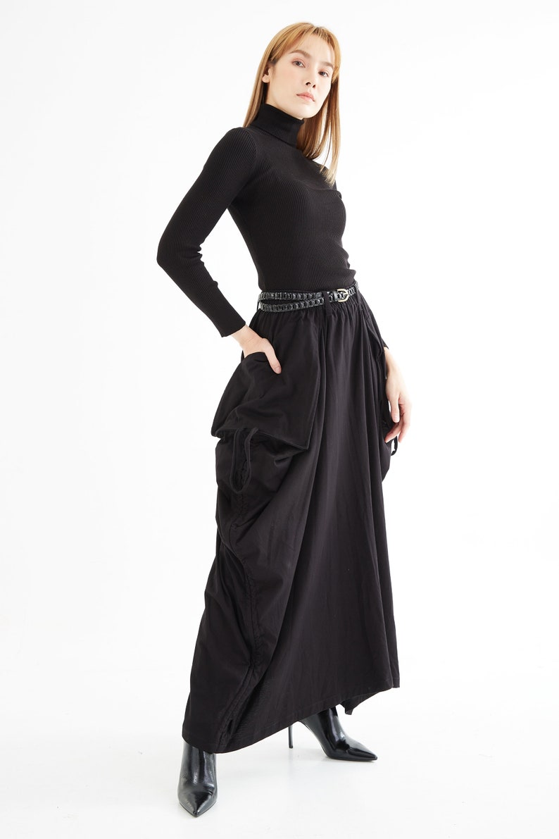 NO.123 Women's Large Patch Pocket Maxi Skirt, Long Maxi Skirt With Pockets, Comfy Casual Convertible Skirt in Black image 7