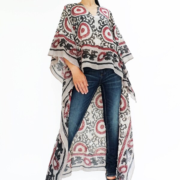 NO.134 Black, Red and Beige Cotton Hand Printed Scarf Kaftan Top