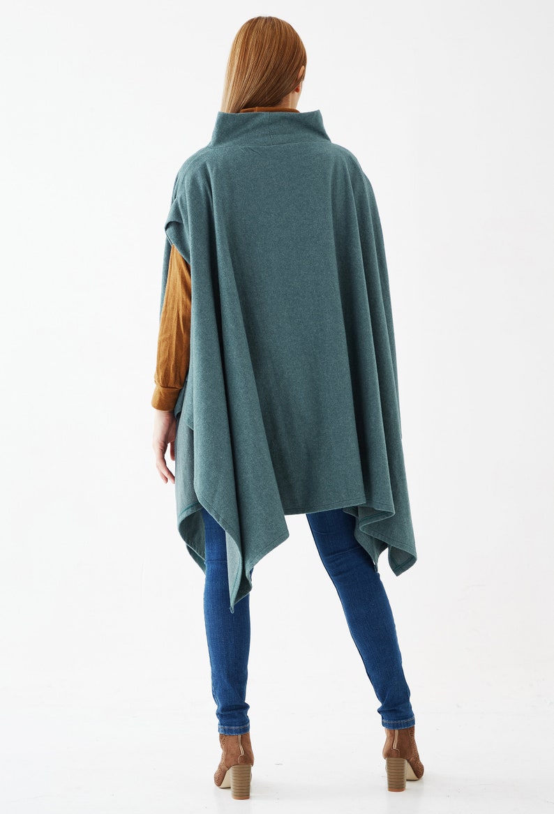 NO.279 Womens Stand Collar Poncho Sweater, Extravagant Asymmetric Poncho Fall Winter, Poncho in Heather Teal image 7