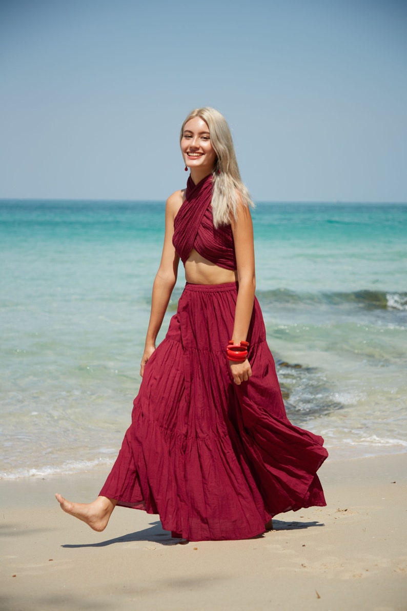 NO.5 Women's Hippie Gypsy Boho Tiered Peasant Long Maxi Skirt in Red 