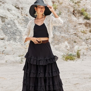 NO.303 Women's Tiered Ruffle Detail Long Skirt, Boho A-line Maxi Skirt, Natural Fiber Flexible Cotton Skirt zdjęcie 2