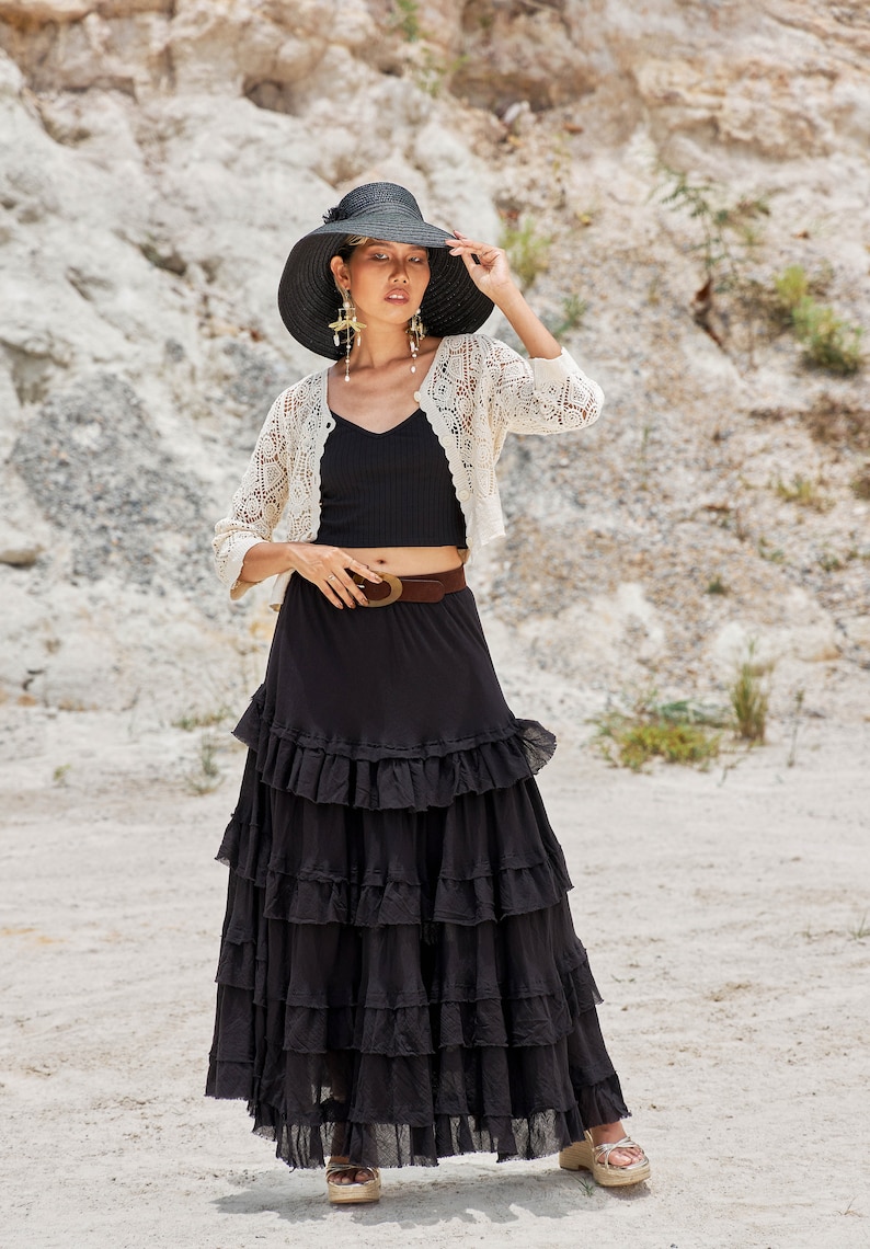 NO.303 Women's Tiered Ruffle Detail Long Skirt, Boho A-line Maxi Skirt, Natural Fiber Flexible Cotton Skirt zdjęcie 2