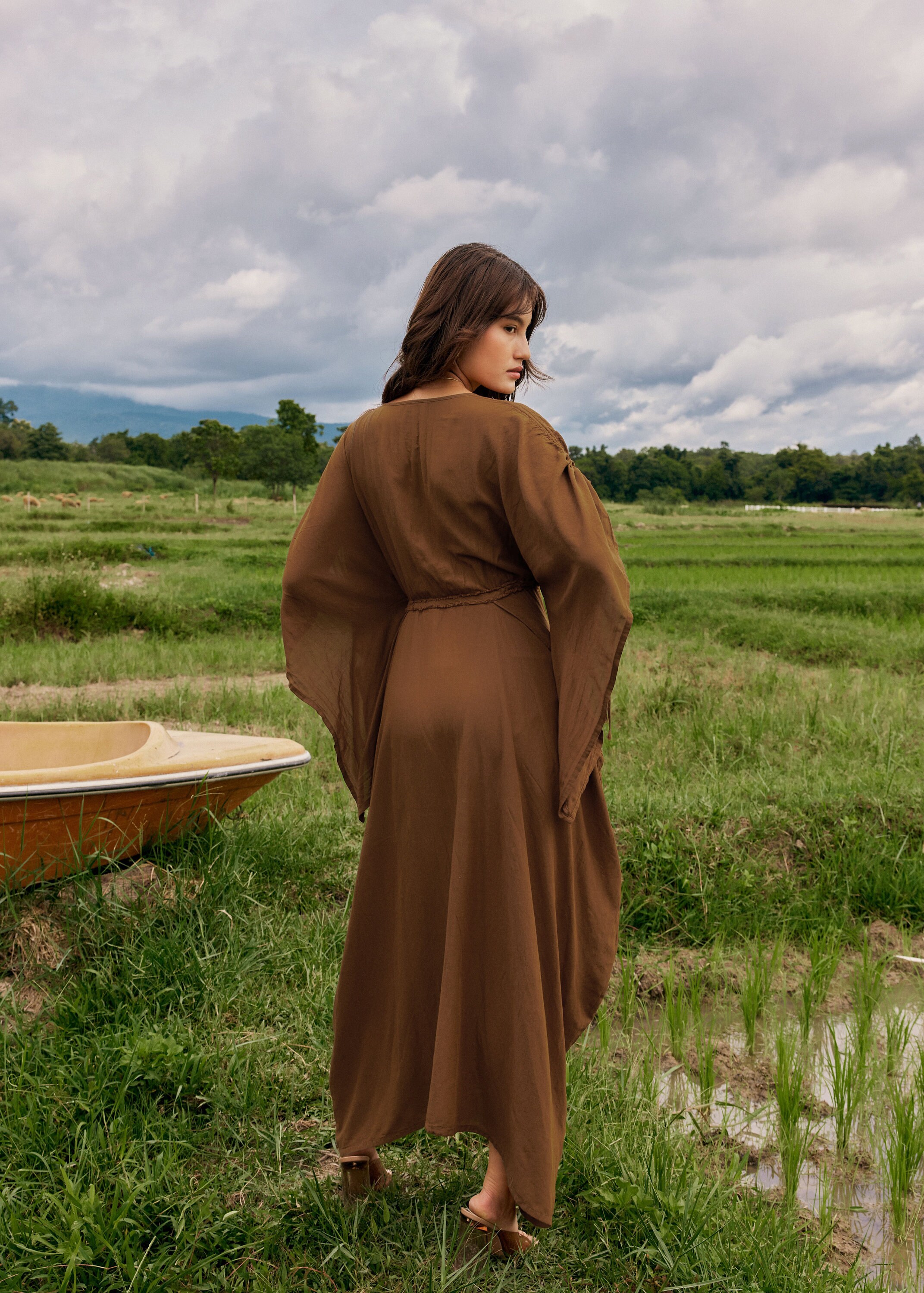 NO.296 Women's Butterfly Sleeve Deep V-neck Maxi Dress