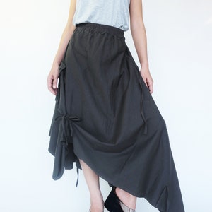 NO.252 Women's Extravagant Asymmetrical Skirt, Drawstring-Detail A-Line Skirt in Charcoal