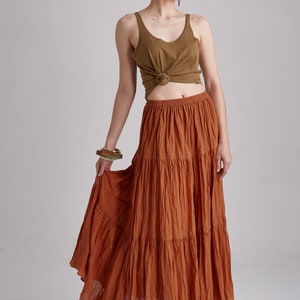 NO.5 Women's Hippie Gypsy Boho Tiered Peasant Long Maxi Skirt in Orange Ochre image 6