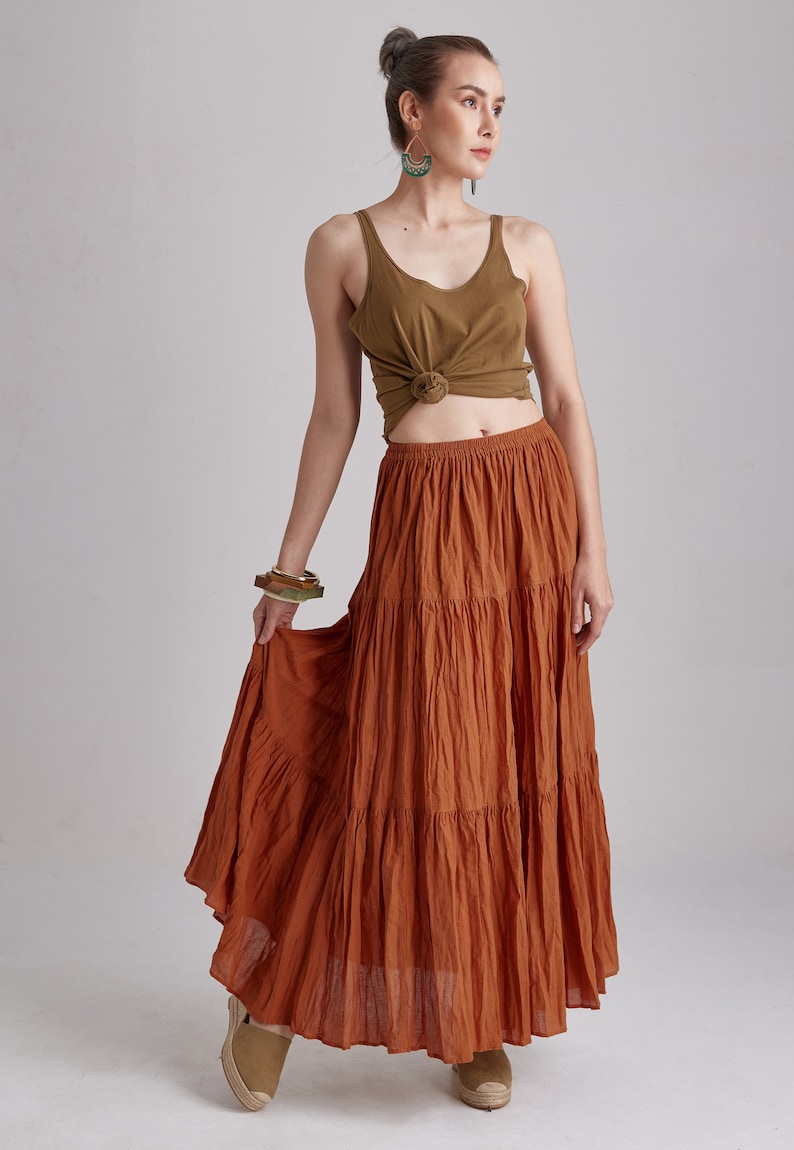 NO.5 Women's Hippie Gypsy Boho Tiered Peasant Long Maxi Skirt in Orange Ochre image 6