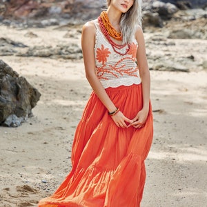 NO.5 Women's Hippie Gypsy Boho Tiered Peasant Long Maxi Skirt in Orange image 8