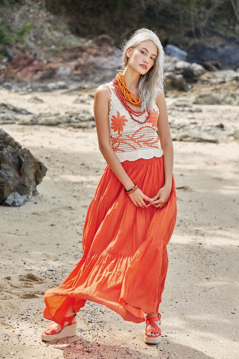 NO.5 Women's Hippie Gypsy Boho Tiered Peasant Long Maxi Skirt in Orange image 8