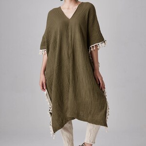 NO.287 Women's Fringe Trimmed Kaftan, Resort Dress, Boho Caftan Dress, Natural Fiber Flexible Cotton Kaftan in Olive image 2