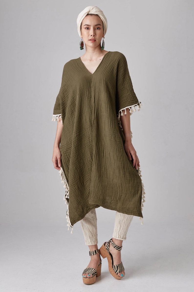 NO.287 Women's Fringe Trimmed Kaftan, Resort Dress, Boho Caftan Dress, Natural Fiber Flexible Cotton Kaftan in Olive image 2