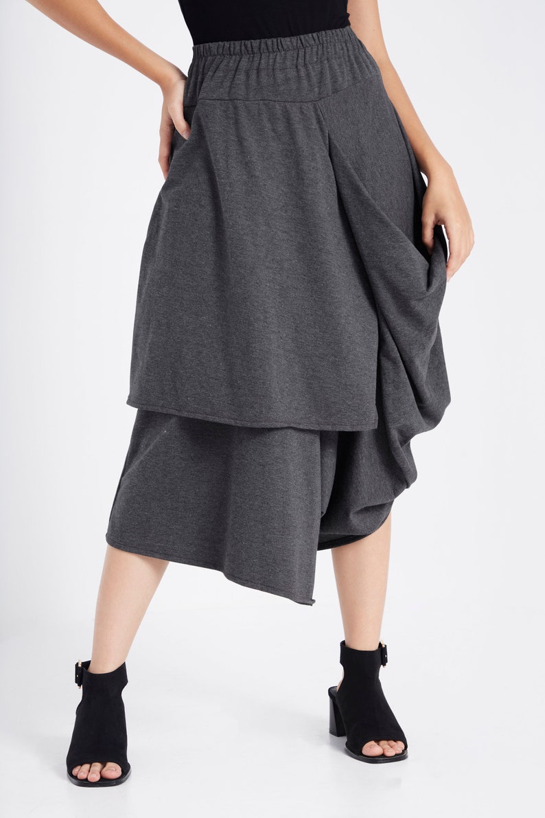 NO.187 Women's Taxidermy Asymmetric Skirt/Pants, Casual Wide Leg Trousers, Cropped Pants/Skirt in Mottled Gray image 4