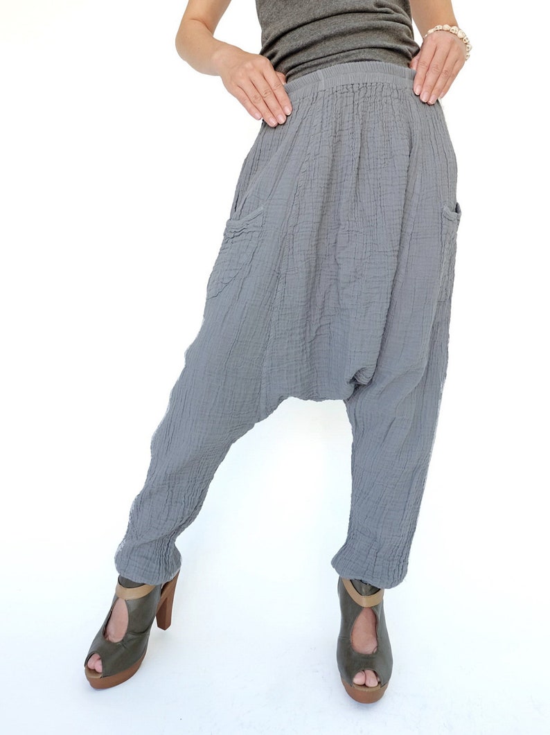 NO.162 Women's Patch Pocket Harem Pants, Boho Drop Crotch Trousers, Casual Yoga Pants, Natural Fiber Flexible Cotton Pants in Gray image 2