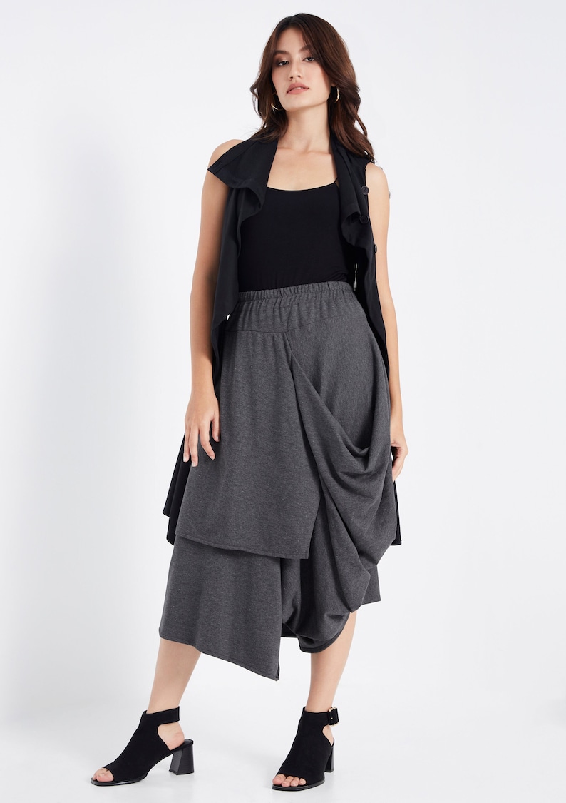NO.187 Women's Taxidermy Asymmetric Skirt/Pants, Casual Wide Leg Trousers, Cropped Pants/Skirt in Mottled Gray image 1