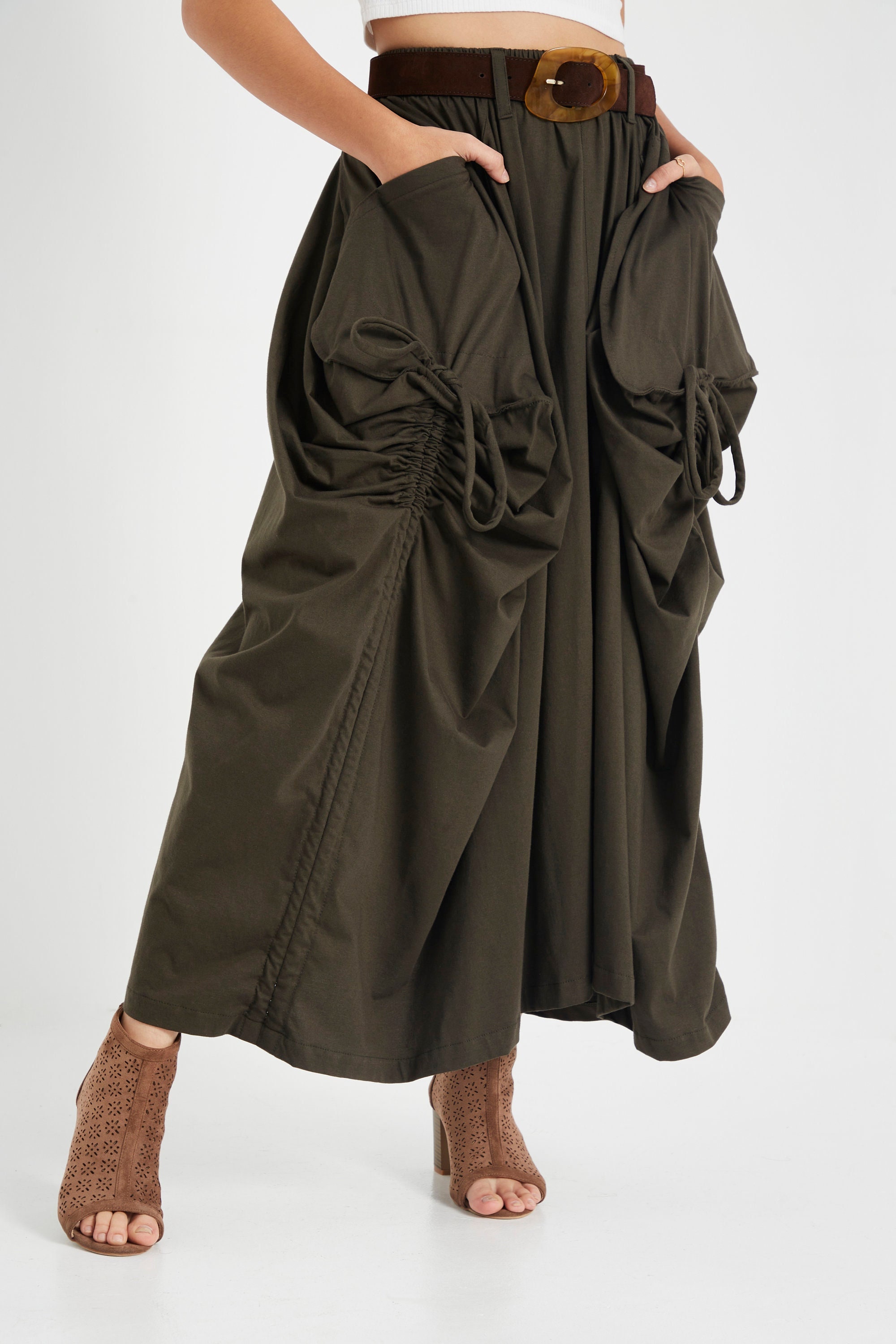 【THE MOZZ】Koren Pocket Long Skirt NO.123 Women's Large Patch Pocket Maxi Skirt, Long Maxi