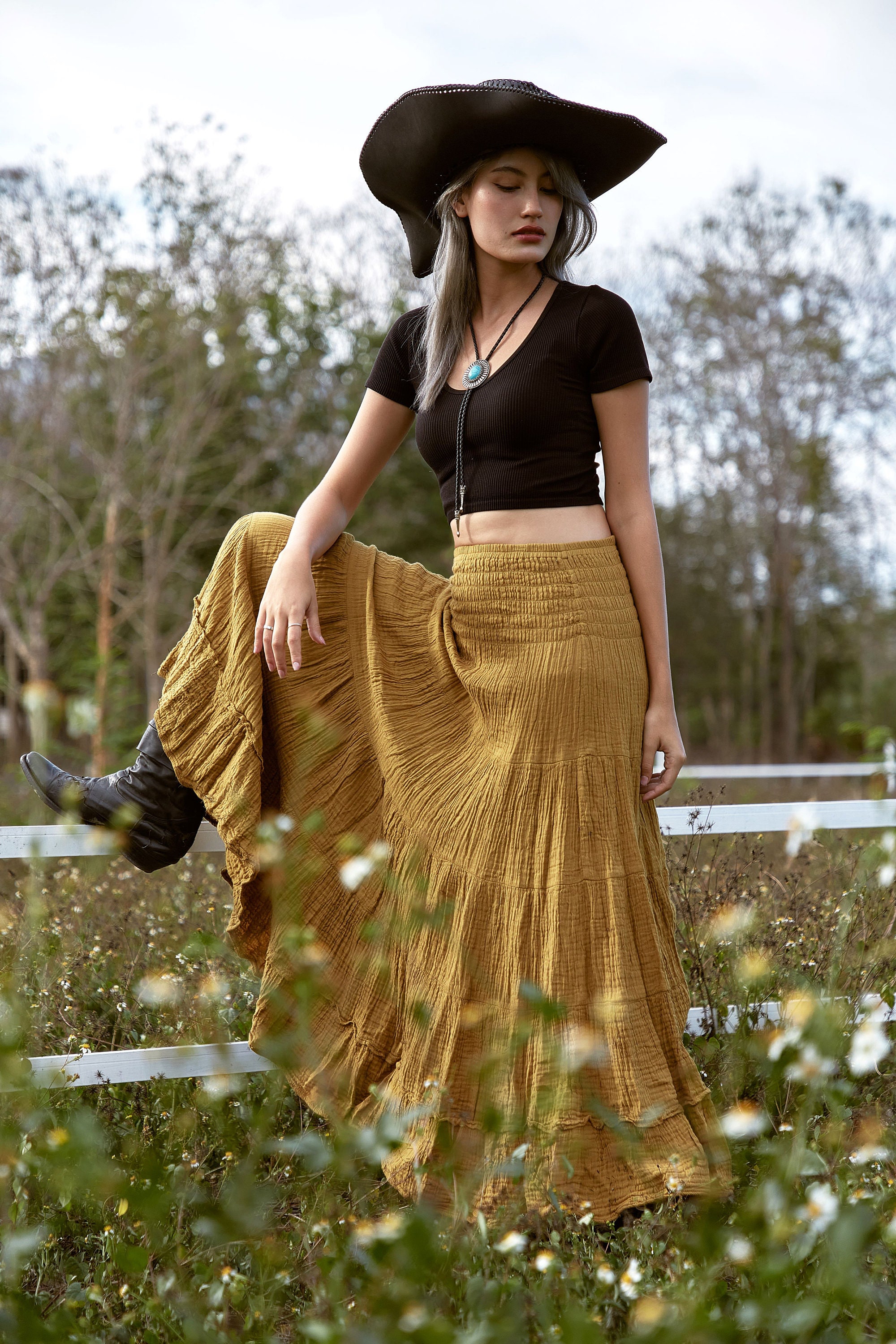 NO.305 Women's Smocked Waist Maxi Skirt, Tiered Peasant Maxi NO.305 Women's Smocked Waist Maxi Skirt, Tiered Peasant Maxi