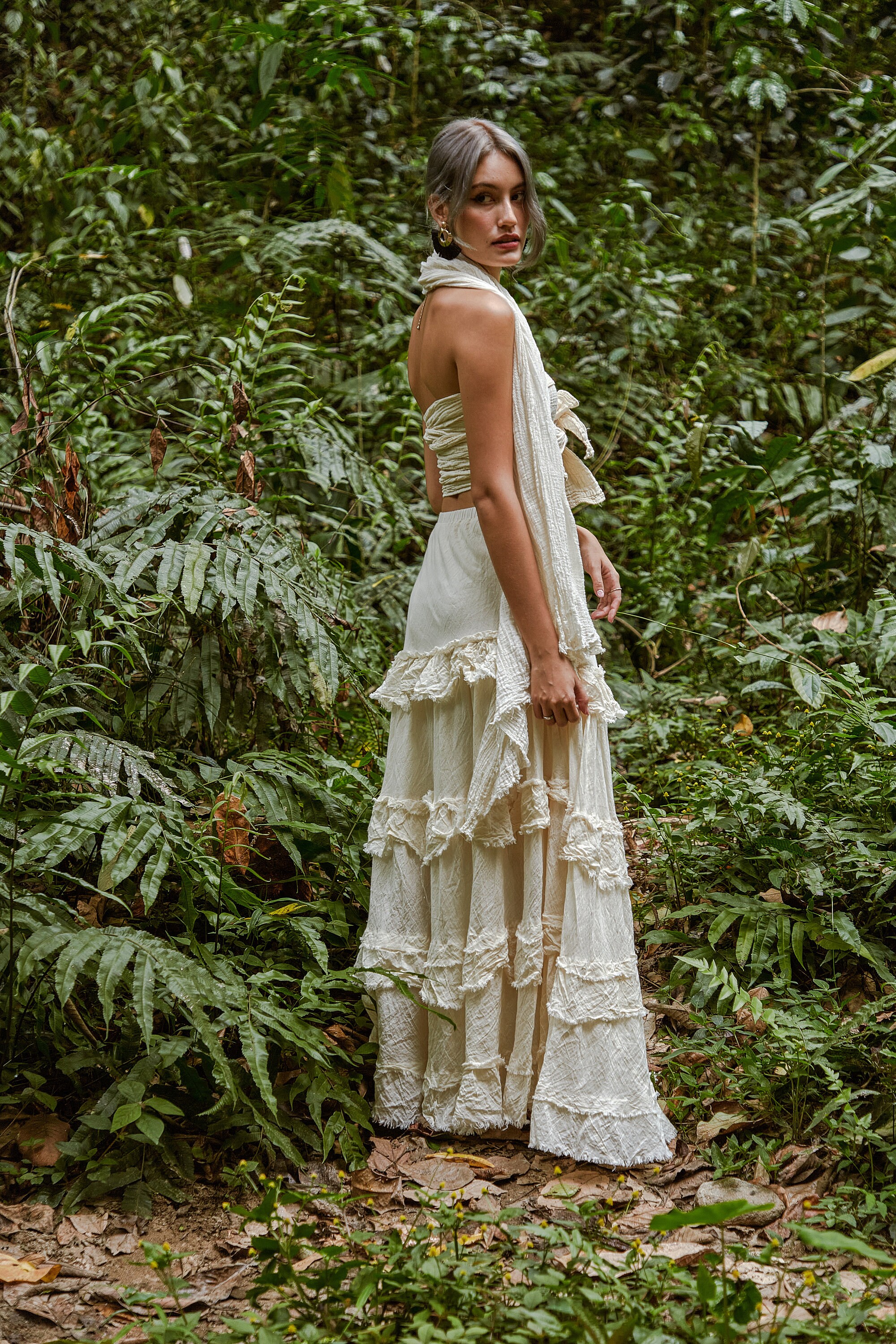 NO.303 Women's Tiered Ruffle Detail Long Skirt, Boho A-line