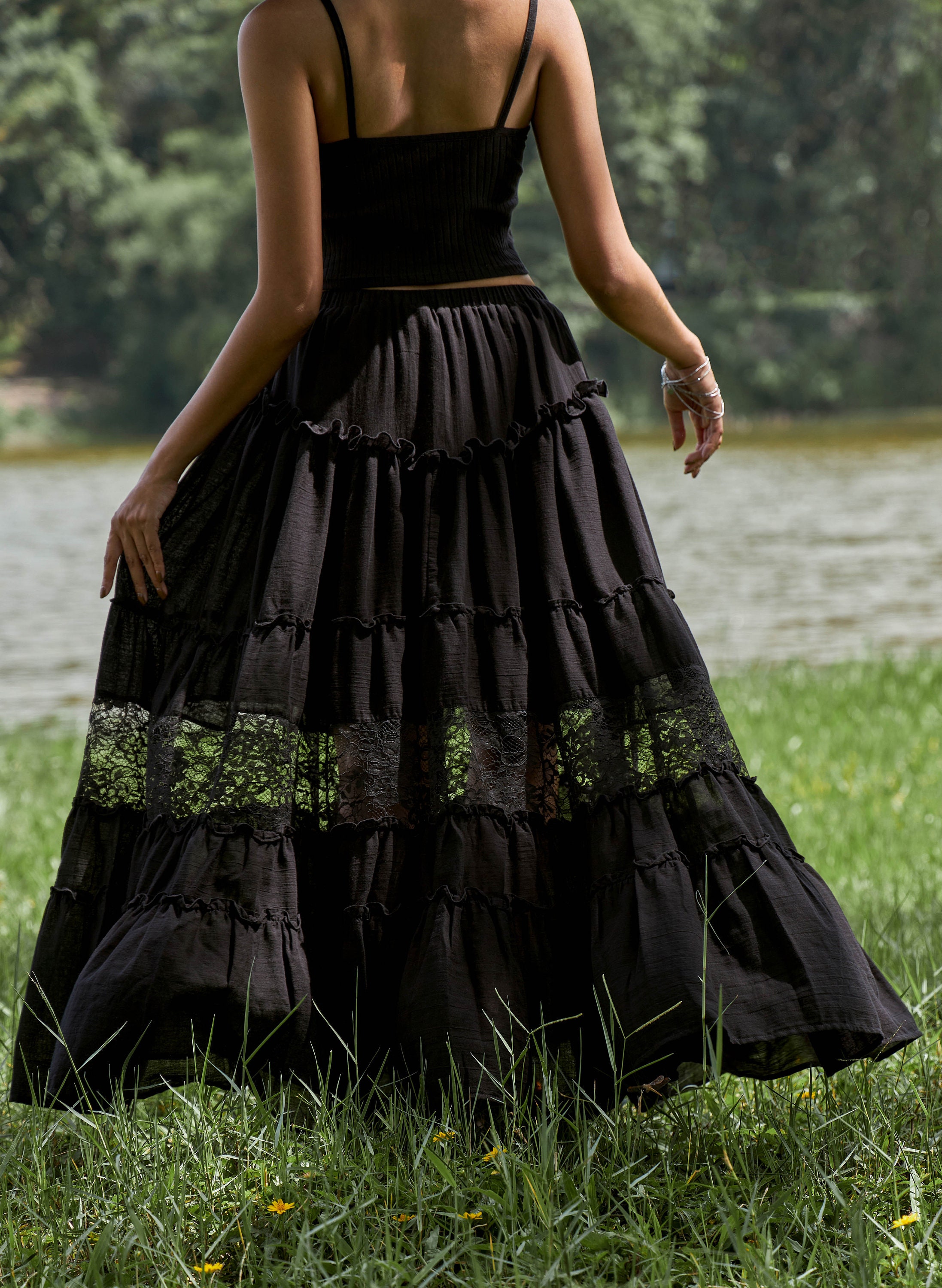NEW---NO.317 Women's Tiered Lace Insert Maxi Skirt, Boho