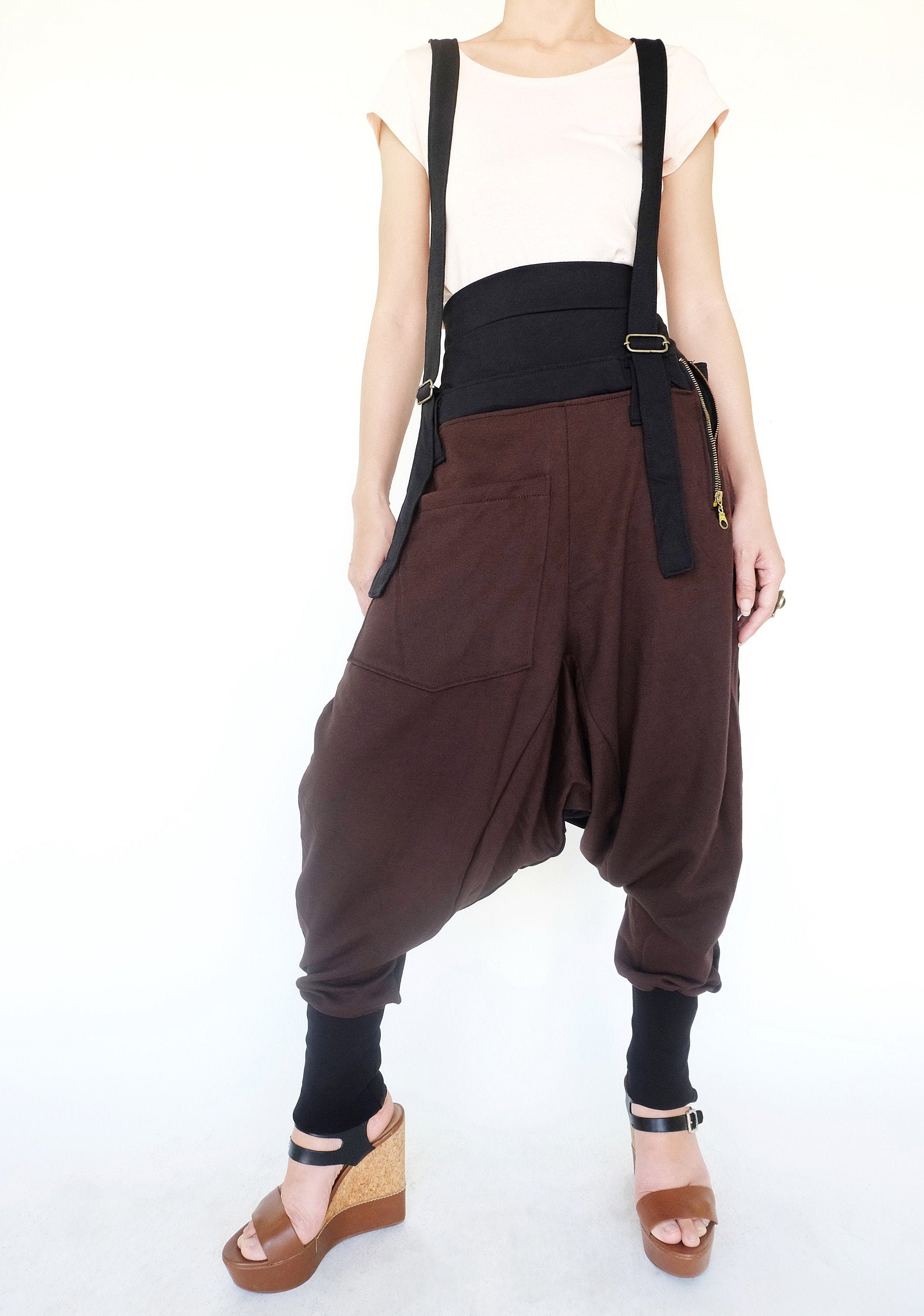 NO.254 Women's High Waist Suspender Harem Pants, Drop Crotch Joggers, Urban Fashion, Unisex Trousers in Brown - Etsy NO.254 Women's High Waist Suspender Harem Pants, Drop Crotch Joggers, Urban Fashion, Unisex Trousers in Brown - Etsy