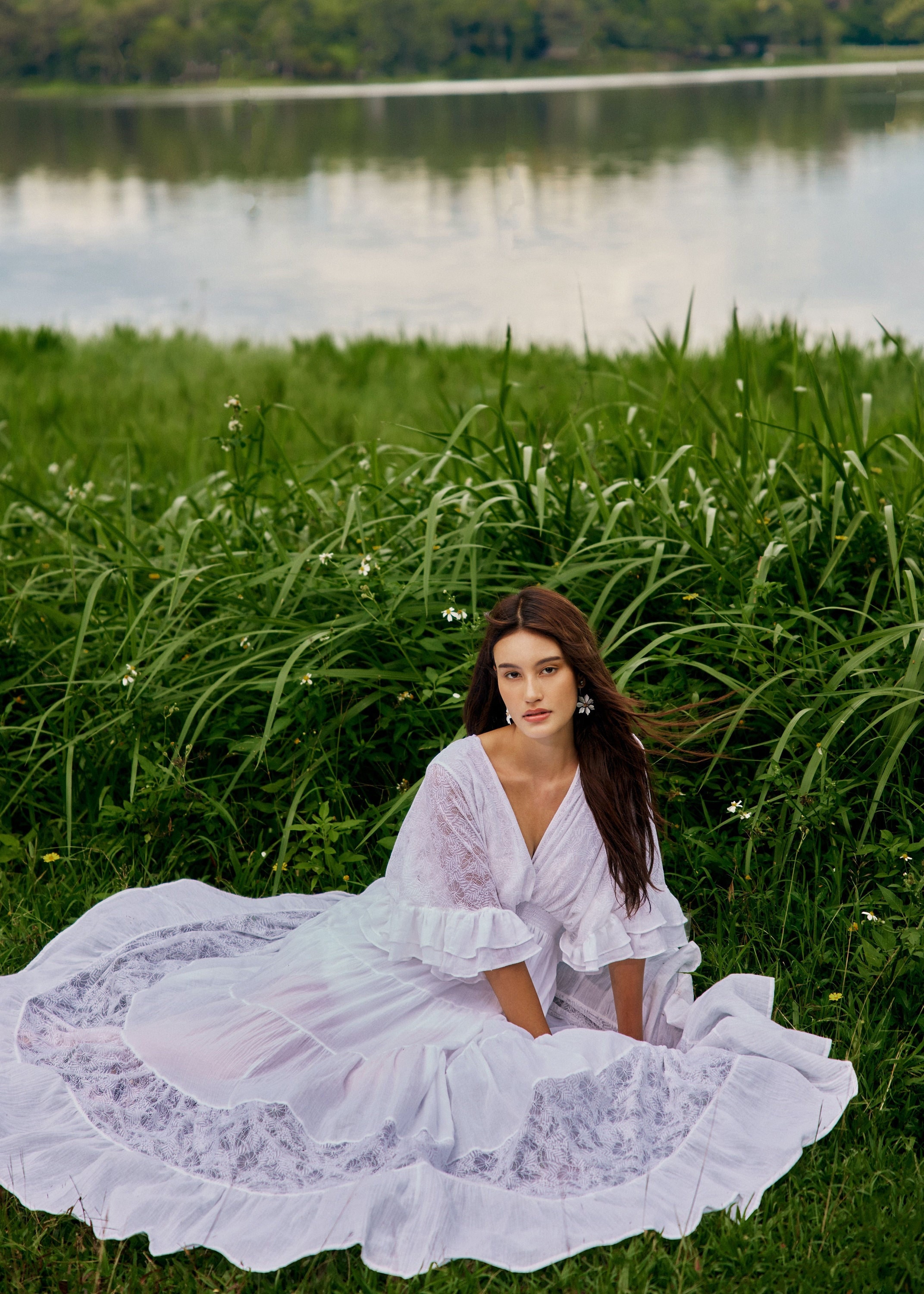 No.301 Women's V-Neck Empire Waist Maxi Dress, Bohemian Wedding Dress, Butterfly Sleeve Flare Tiered Peasant Dress in White