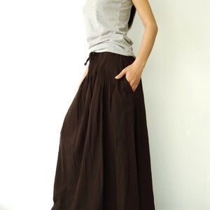 NO.34 Women's Pleated Front Long Maxi Skirt, Comfy Casual Convertible Skirt, A-Line Skirt in Brown image 3