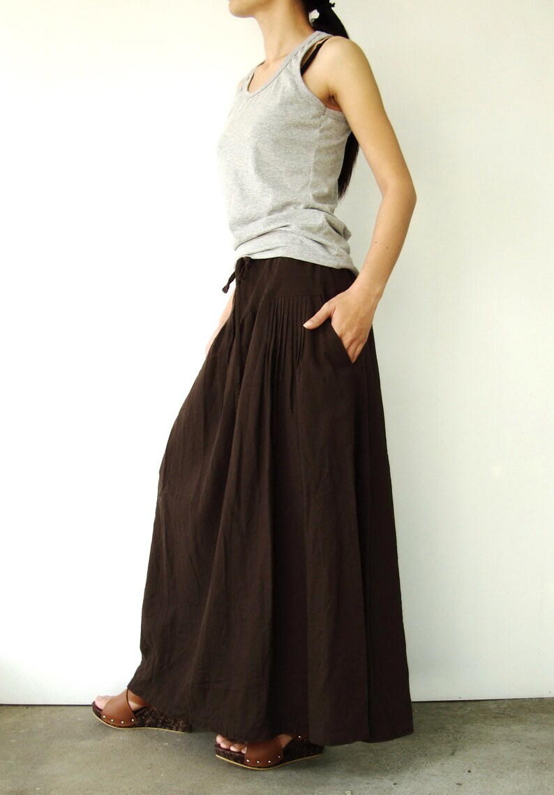 NO.34 Women's Pleated Front Long Maxi Skirt, Comfy Casual Convertible Skirt, A-Line Skirt in Brown image 3