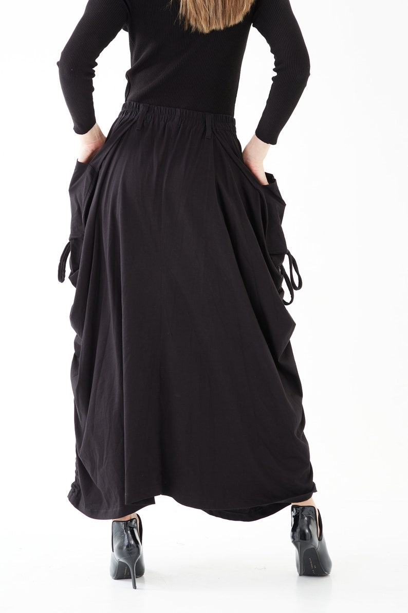 NO.123 Women's Large Patch Pocket Maxi Skirt, Long Maxi Skirt With Pockets, Comfy Casual Convertible Skirt in Black image 10
