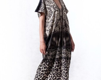 NO.117 Women's V Neck Short Sleeve Baroque and Leopard Print Kaftan Dress, Resort Dress, Boho Kaftan Dress