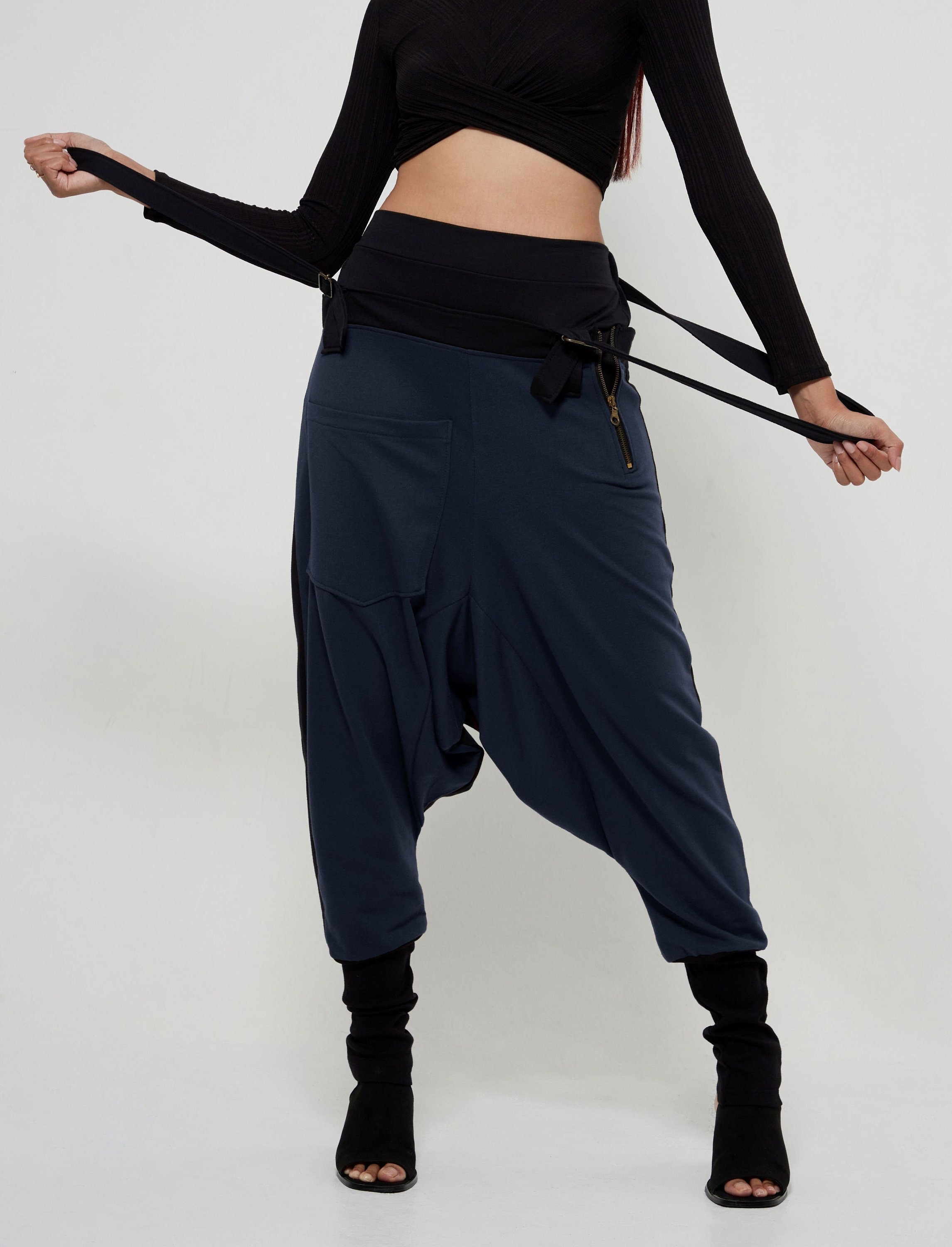 NO.254 Women's High Waist Suspender Harem Pants, Drop Crotch