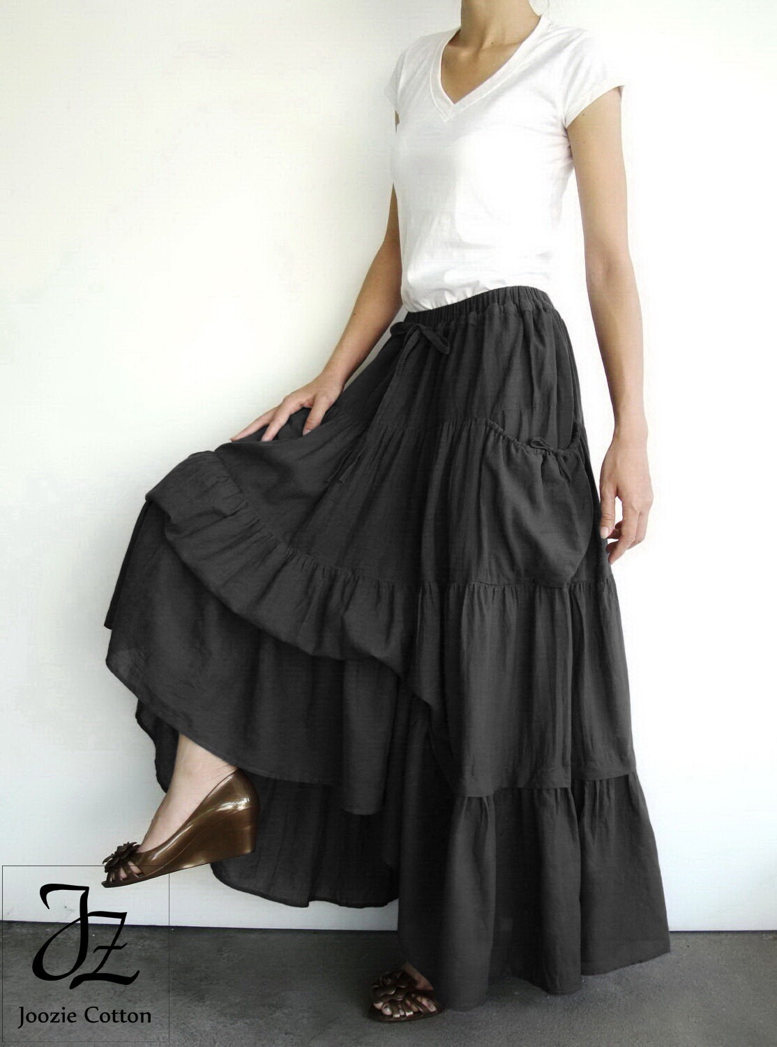 NO.42 Black Cotton Gauze Maxi Skirt Women Long Peasant Skirt Etsy