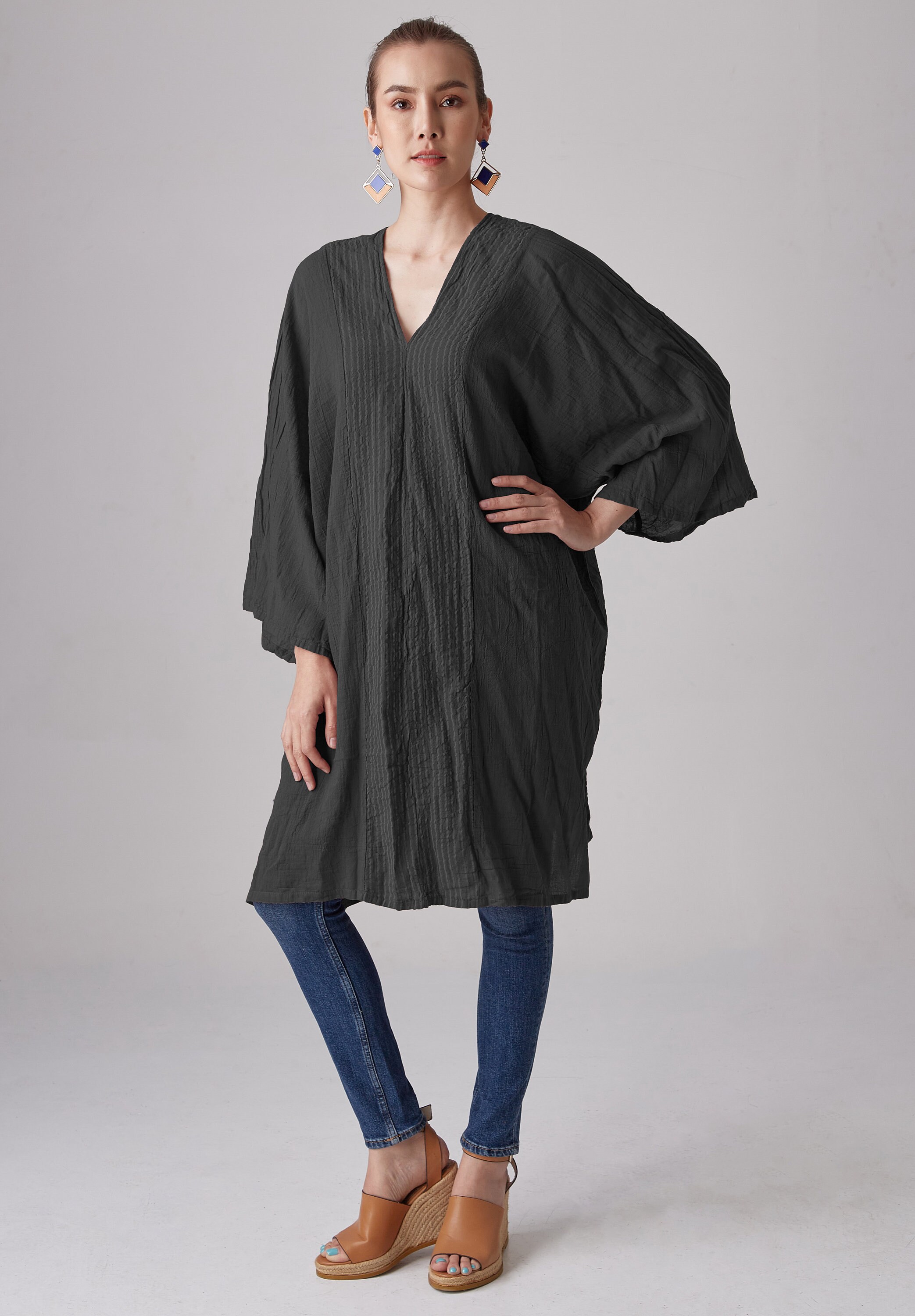 Cristaseya Caftan Light Cotton Striped Black and Noisette