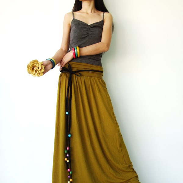 RESERVED For Michal.........NO.107  Mustard Rayon Spandex Foldover Long Skirt Strapless Maxi Dress