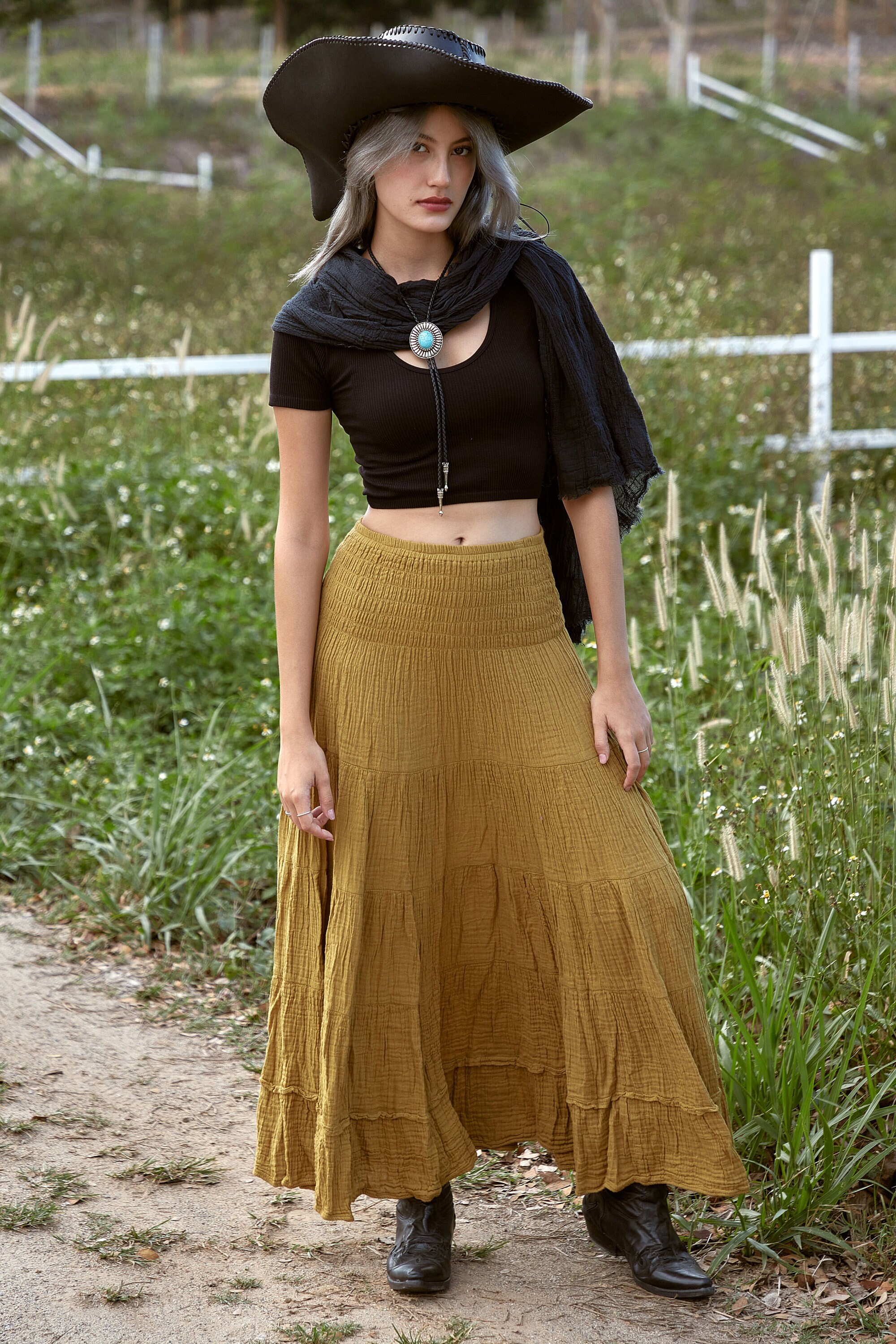 スカート Rohe Skirts NO.305 Women's Smocked Waist Maxi Skirt, Tiered Peasant Maxi