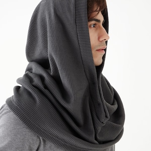 NO.97 Men's Hoodie Scarf, Hooded Cowl Buttons, Hooded Neck Warmer, Unisex Hoody Scarf in Gray image 4