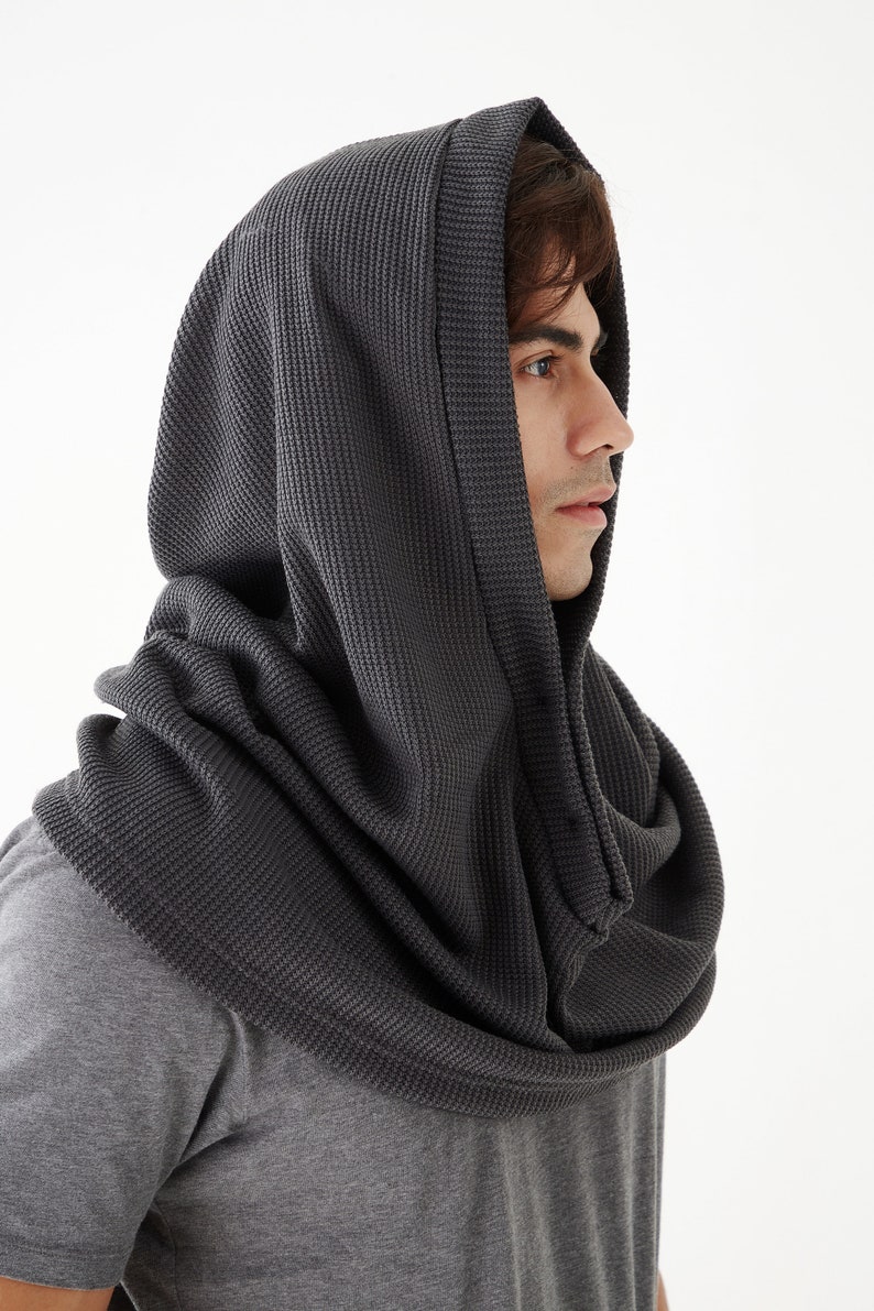 NO.97 Men's Hoodie Scarf, Hooded Cowl Buttons, Hooded Neck Warmer, Unisex Hoody Scarf in Gray image 4