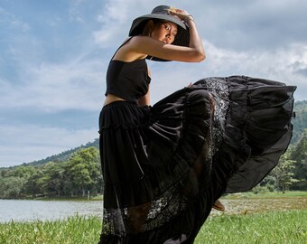 NEW---NO.317 Women's Tiered Lace Insert Maxi Skirt, Boho