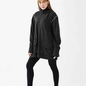 NO.277 Women's Oversized Hoodie Sweater, Zipper Detail Pullover, Casual Active Jacket, Unisex Sweater, Unisex Sweatshirt in Black image 3