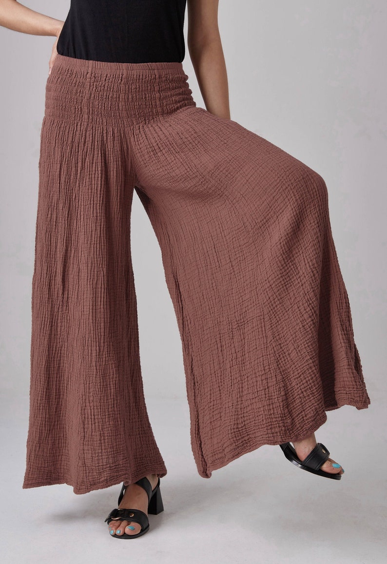 NO.290 Women's Smocked Waist Wide Leg Pants, Natural Fiber Flexible Casual Yoga Pants in Brownish Pink image 1