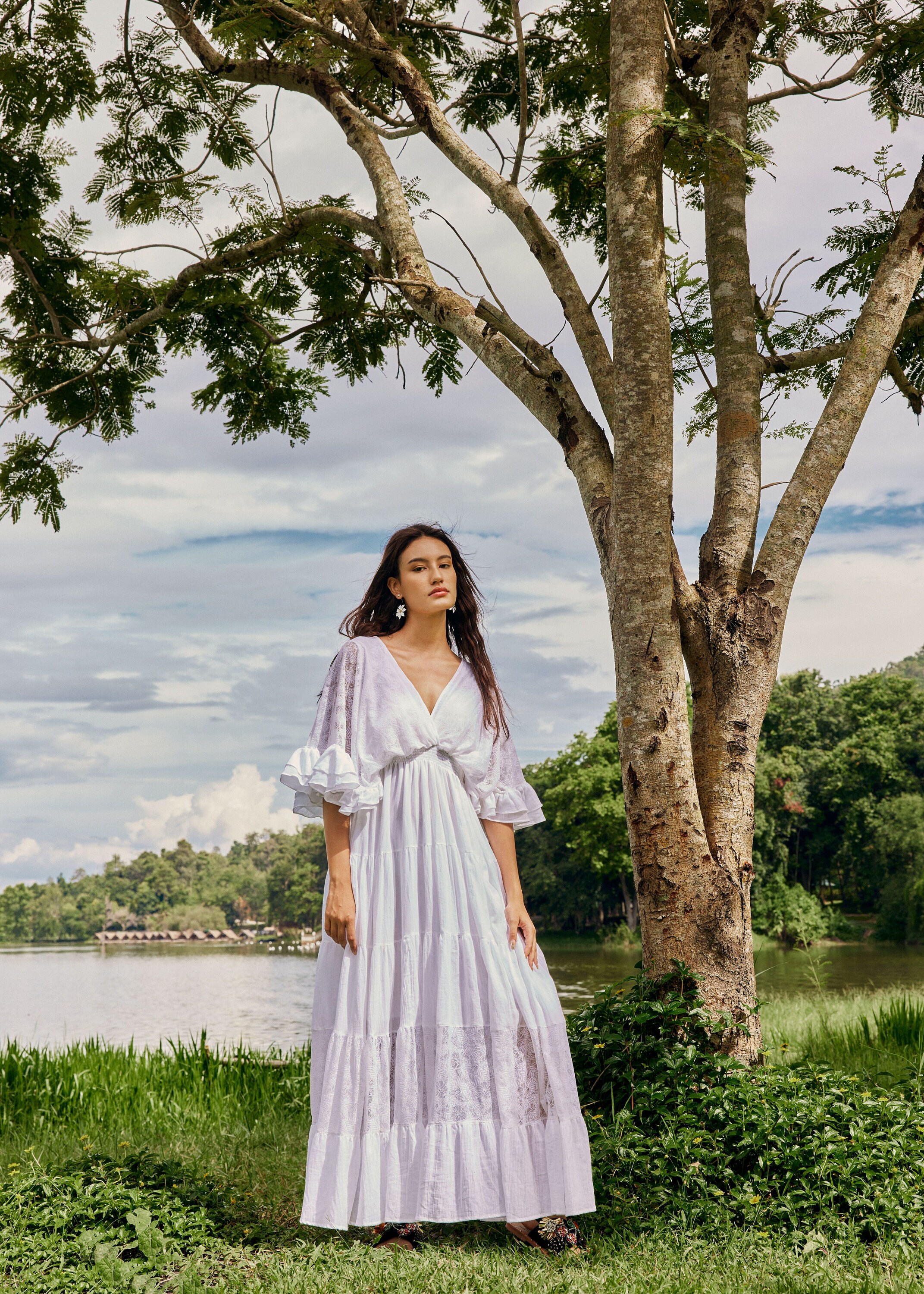 No.301 Women's V-Neck Empire Waist Maxi Dress, Bohemian Wedding Dress, Butterfly Sleeve Flare Tiered Peasant Dress in White