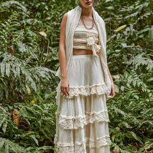 NO.303 Women's Tiered Ruffle Detail Long Skirt, Boho A-line Maxi Skirt, Natural Fiber Flexible Cotton Skirt zdjęcie 3