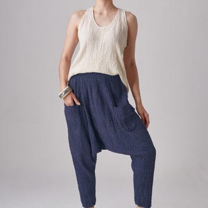 NO.289-1 Women&#39;s Geometric Stitched Pattern Woven Harem Pants, Boho Drop Crotch Pants, Natural Fiber Flexible Cotton Pants in Blue