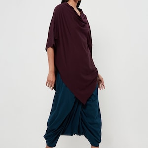 NO.63 Women's Cowl Neck Short Sleeve Top, Minimalist Clothing, Loose Asymmetrical Shirt in Plum image 8