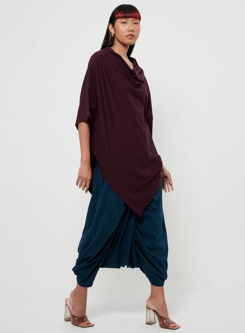 NO.63 Women's Cowl Neck Short Sleeve Top, Minimalist Clothing, Loose Asymmetrical Shirt in Plum image 8