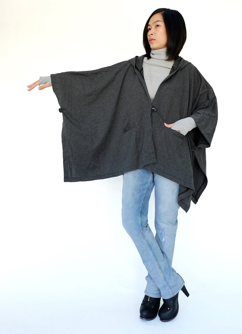 NO.163 Women's Button Front Hooded Poncho, Comfy Versatile Cape in Mottled Gray image 2