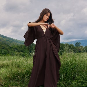 NO.296 Women&#39;s Butterfly Sleeve Deep V-Neck Maxi Dress, Cover-Up Resort Wear Dress, Breathable Elegance Dress in Dark Brown
